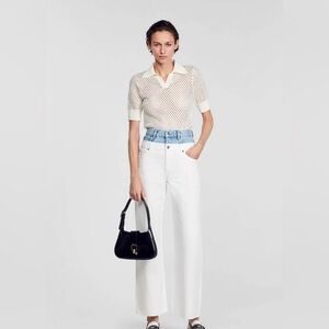 Sandro Two Tone Double Waistband Jeans Size 38 High Rise White Blue Denim